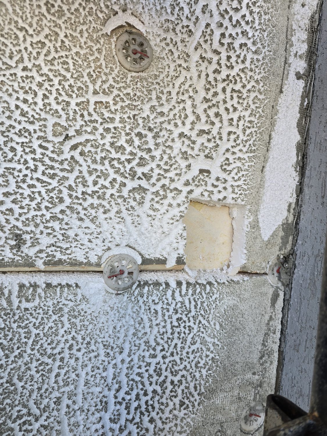 The fixing detail. Plastic ETICS dowels with steel expansion pins, countersunk into the EPS board face so the basecoat can bury them, alongside the board joints and the adhesive pattern behind. Bonded AND dowelled — ask for both.
