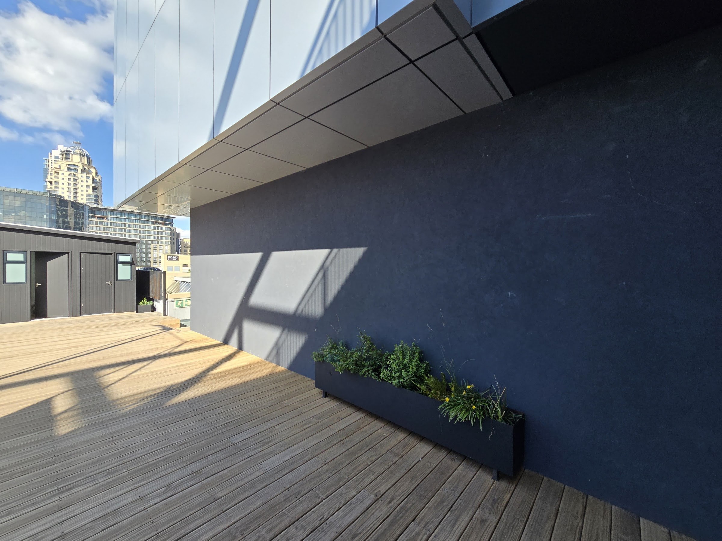 Rooftop terrace: the dark textured render runs the full length of the wall behind a low planter, with timber decking underfoot, a pale panelled soffit above and the Sandton skyline beyond.