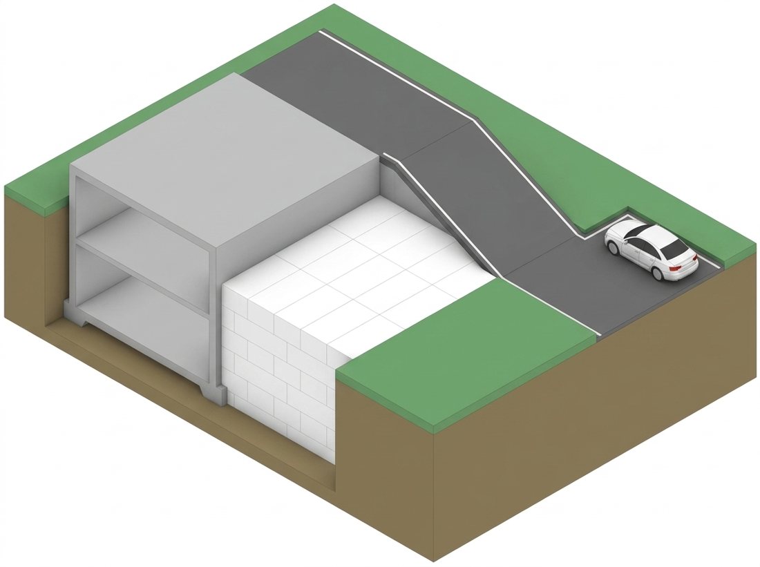 Isometric cutaway diagram of a basement with a vehicle ramp, EPS blocks forming the lightweight fill beneath the ramp.