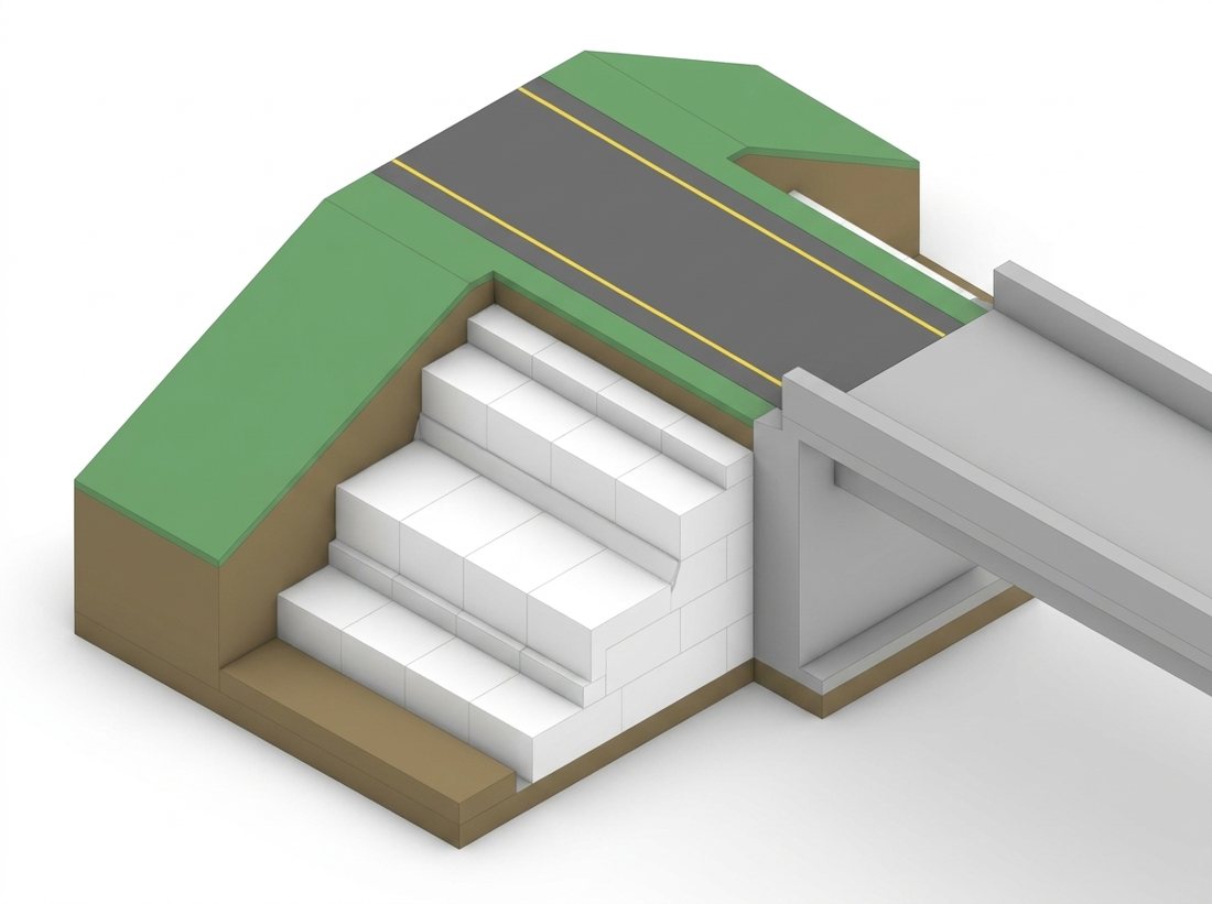 Isometric cutaway diagram of a bridge-approach embankment built from stepped EPS blocks beside a bridge beam and abutment.