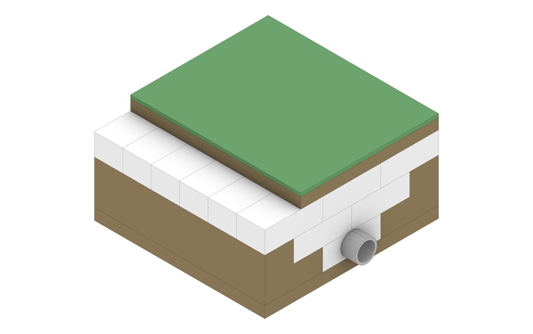 Isometric cutaway diagram of EPS blocks placed as protective load-spreading fill over a buried pipe beneath a grassed surface.
