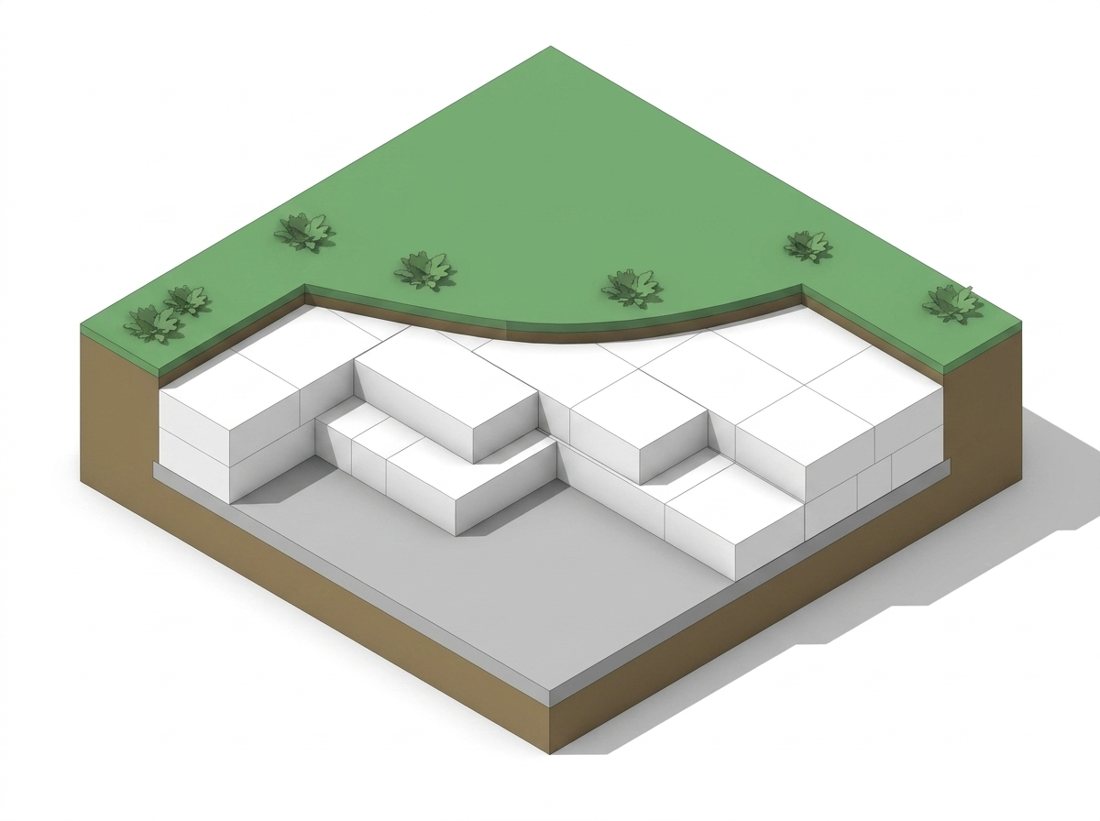 Isometric cutaway diagram of stepped EPS blocks as lightweight void fill beneath a landscaped green roof or podium deck.