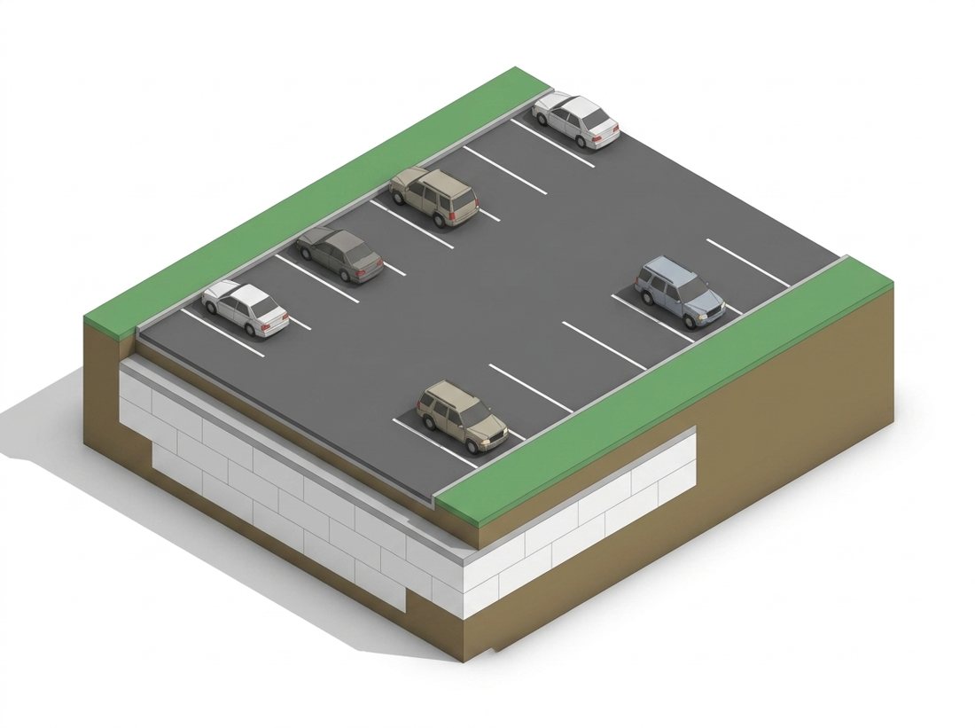 Isometric cutaway diagram of a surface car park supported on an EPS-block lightweight fill embankment (schematic, with stock car models).