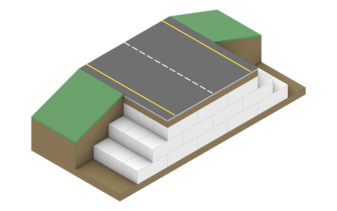 Isometric cutaway diagram of a road/pavement built over EPS-block lightweight fill on sloping ground.