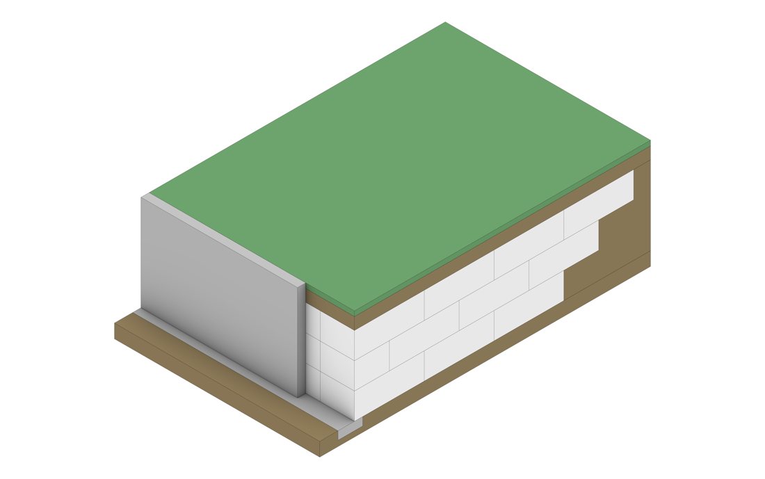 Isometric cutaway diagram of EPS-block lightweight backfill behind a cantilever retaining wall beneath a grassed surface.