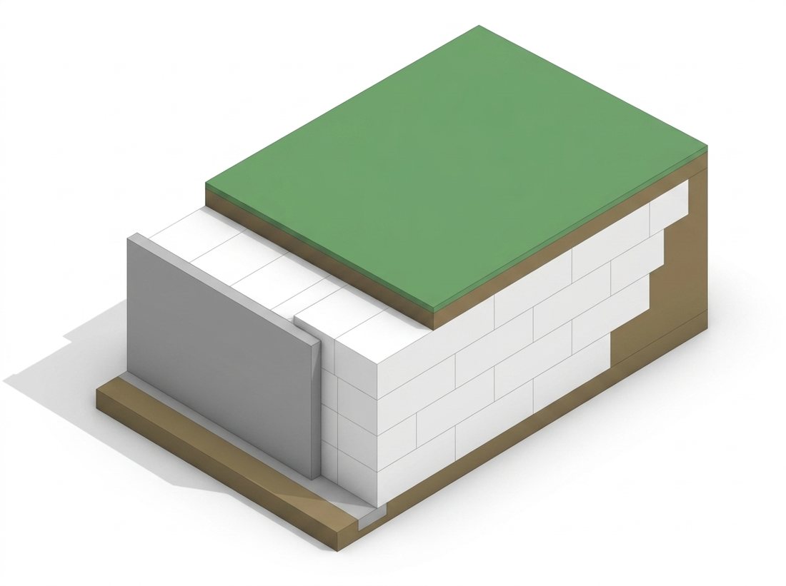 Isometric cutaway diagram (v2, softer shading) of EPS-block lightweight backfill behind an L-shaped retaining wall.