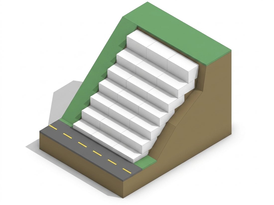 Isometric cutaway diagram of EPS blocks used as lightweight fill to stabilise an embankment slope above a road.