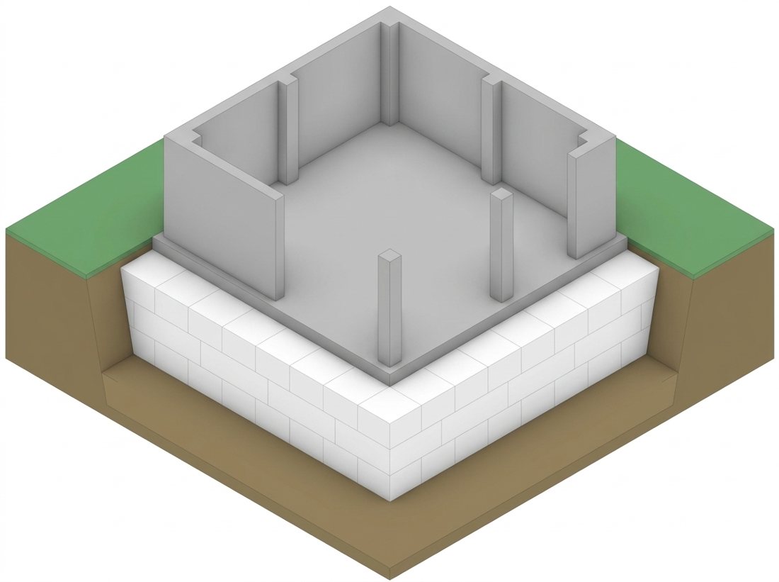 Isometric cutaway diagram of EPS-block lightweight/void fill forming a plinth beneath a reinforced-concrete foundation structure.