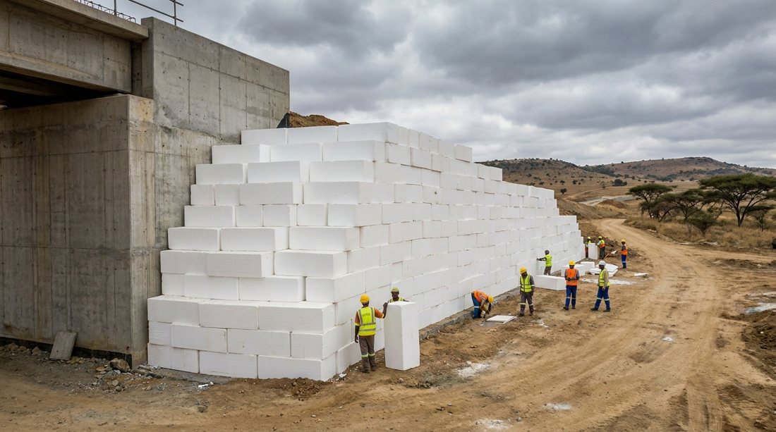 Illustrative (photorealistic AI-style) scene of a stepped EPS-block wall being built against a concrete bridge abutment in a savanna landscape; NOT a documented real project photo.