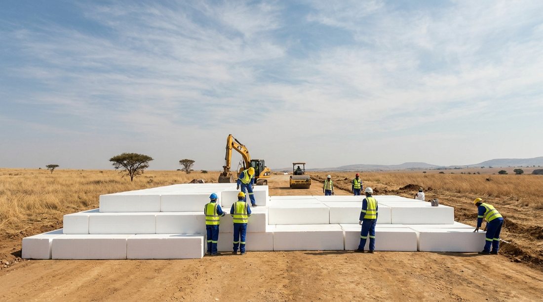 Illustrative (photorealistic AI-style) scene of EPS blocks laid as lightweight embankment fill across a savanna roadworks site with excavator and roller; NOT a documented real project photo.