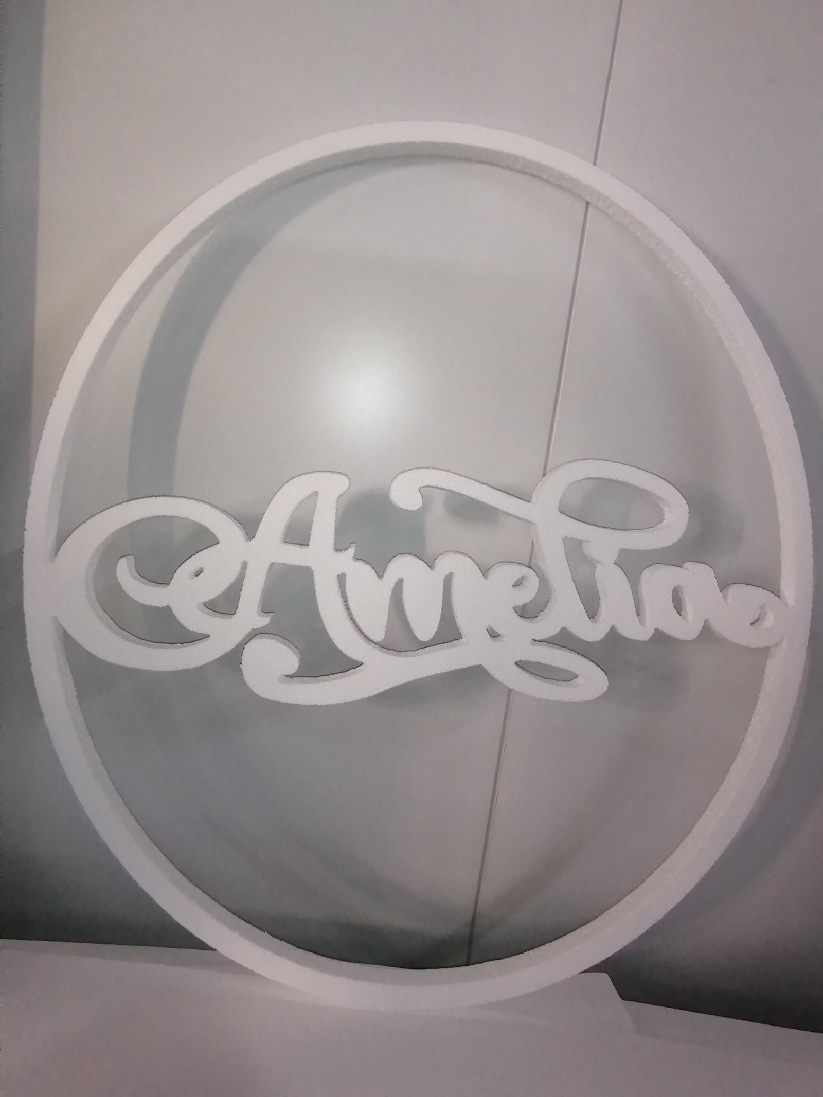 Oval CNC-cut sign with cursive logo lettering raised from the backing panel