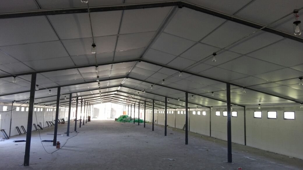 Interior of a large steel-framed shed showing the insulated apex roof panels and support columns from below