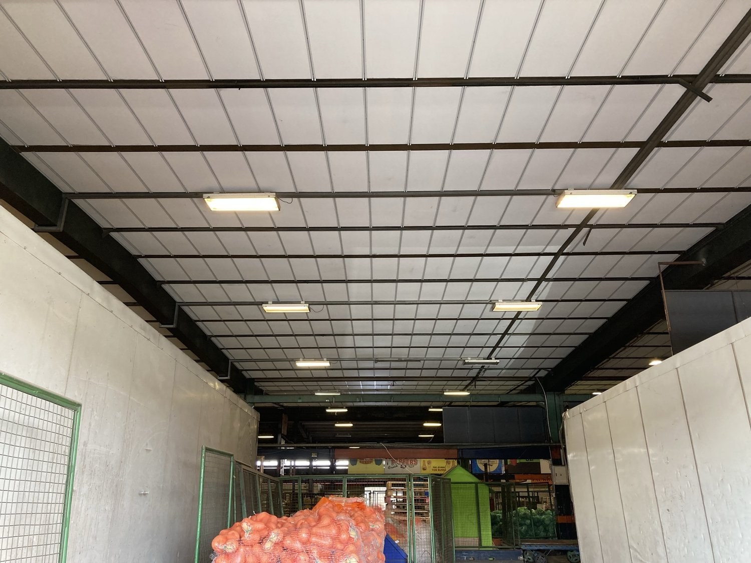 White panels covering the full ceiling field of a market trading aisle, between the steel beams and surface-mounted light fittings, above the produce cages.