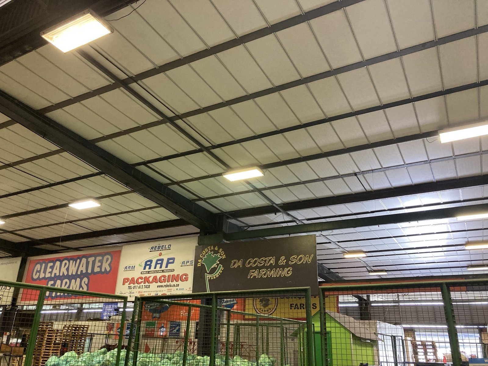 Insulated ceiling panels overhead in an agricultural packhouse, farm and packaging company signage on the walls below