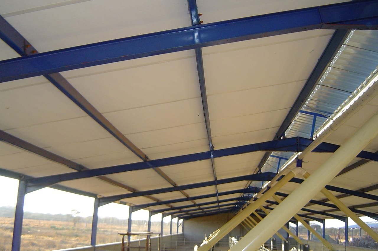 Insulated ceiling panels fitted under blue steel roof trusses, feed auger pipes running the length of the shed