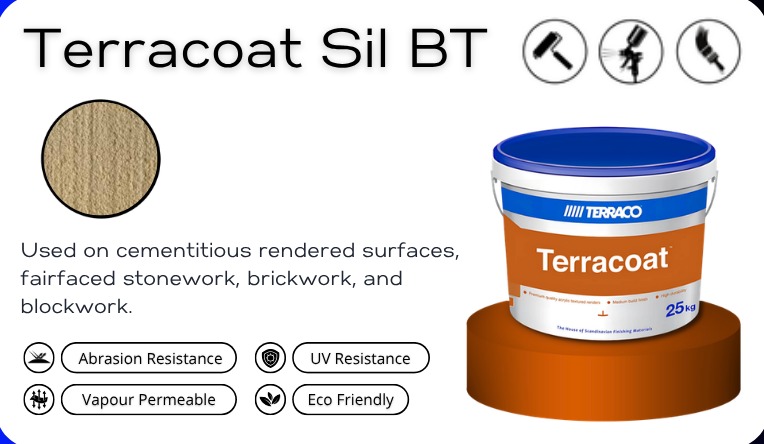 Terracoat Sil BT textured coating tin and texture swatch, for fairfaced stonework and brickwork