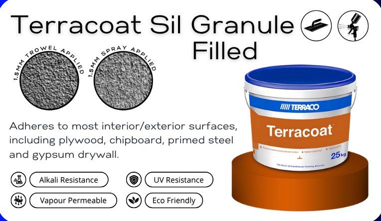 Terracoat Sil Granule Filled 1.5mm textured coating tin and texture swatch