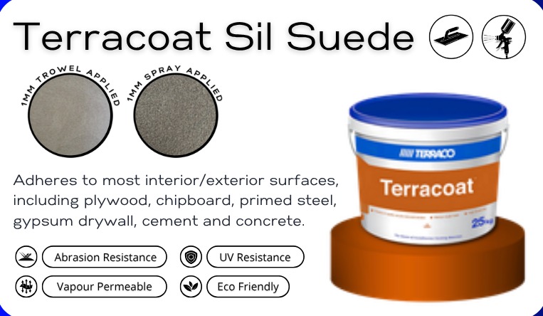 Terracoat Sil Suede textured coating tin and texture swatch