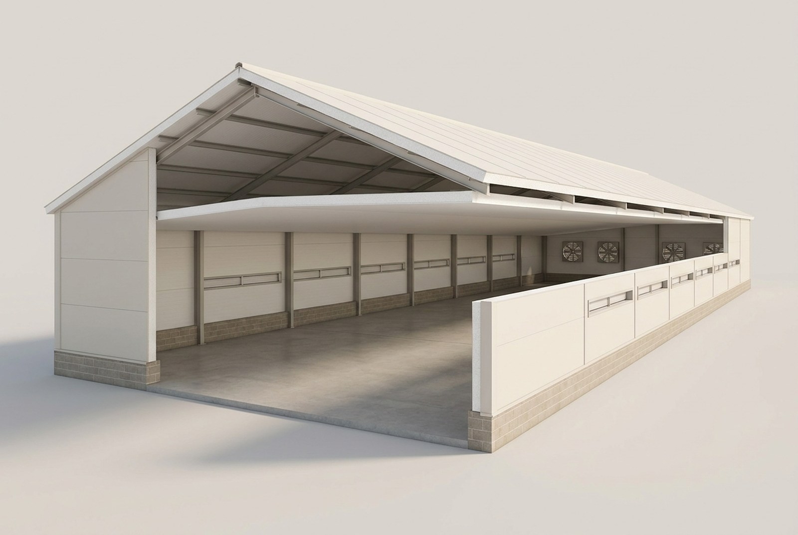 Cutaway of a poultry house showing the insulated roof running apex to eave, the insulated wall panels standing on a masonry dwarf wall, and the ventilation fans in the gable