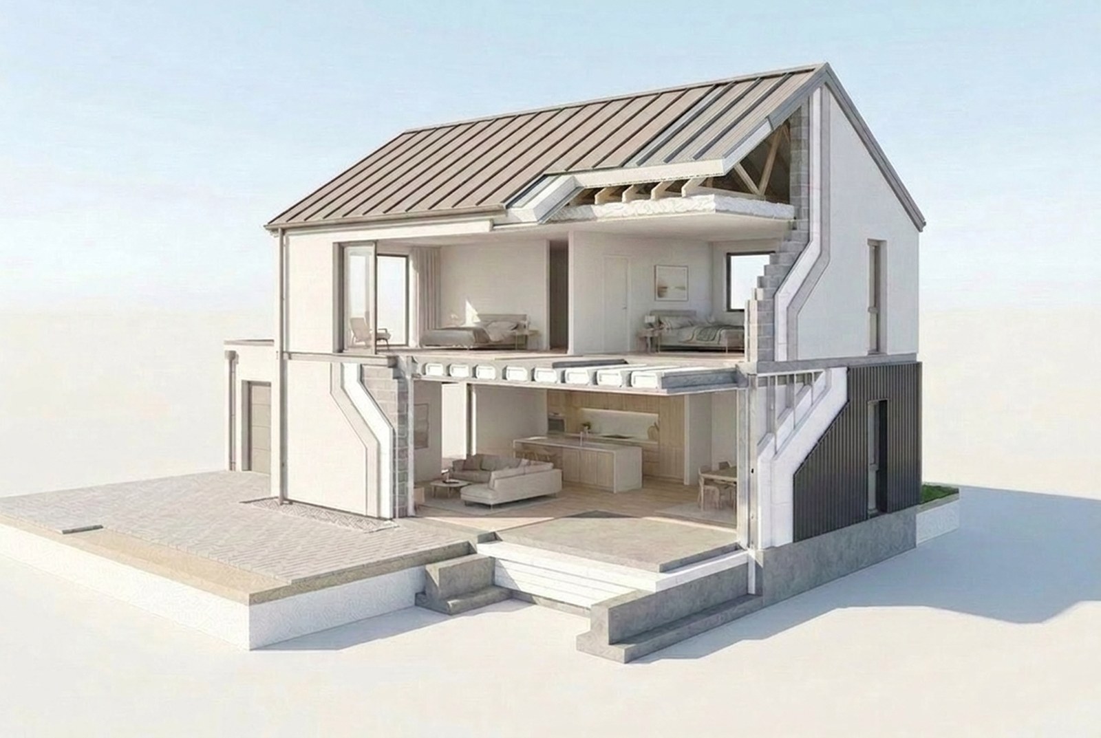 Cutaway of a two-storey house showing where each Technopol product is used, from the insulated roof and cavity walls to the suspended floor, under-slab insulation and driveway fill
