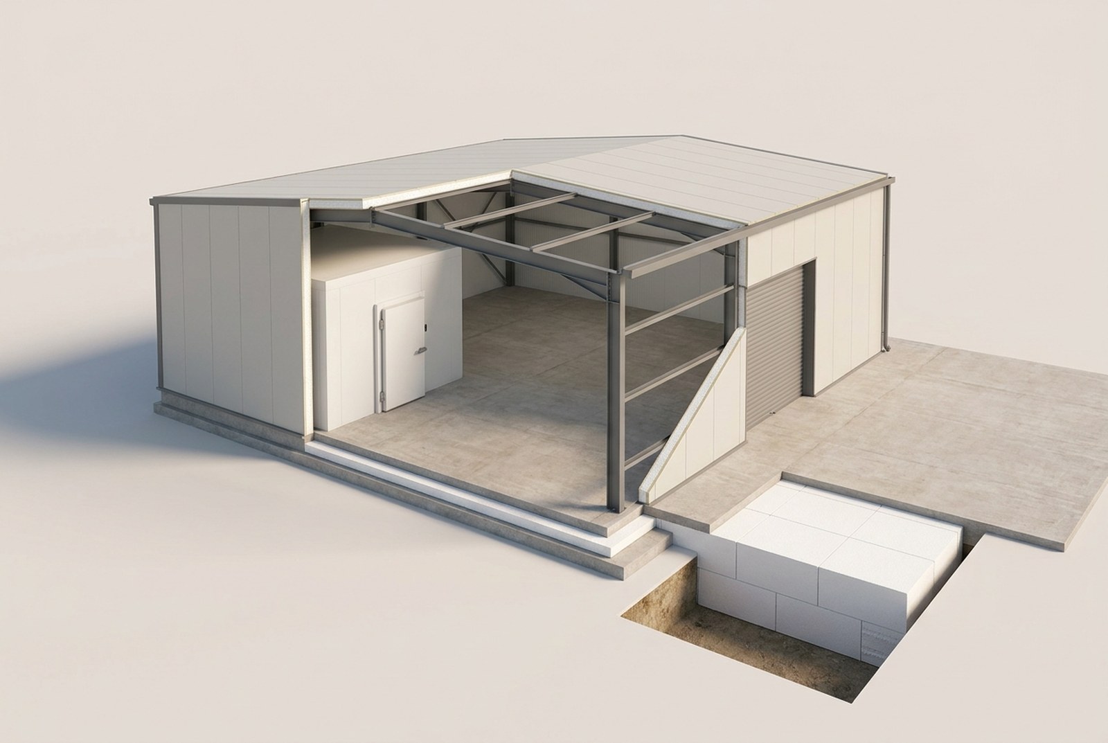 Cutaway of a single-storey industrial building showing the insulated roof and wall panels, the cold store, the insulation beneath the floor slab and the lightweight fill beneath the yard
